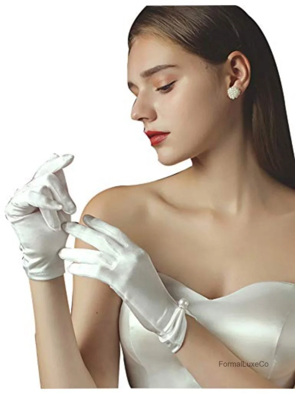Women's Short Satin Gloves Wrist Length with Bow Wedding Party Stretchy Opera